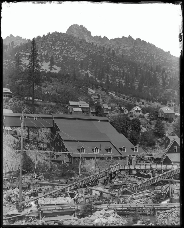Distant view of the stamp mill for the Sierra Buttes Mine