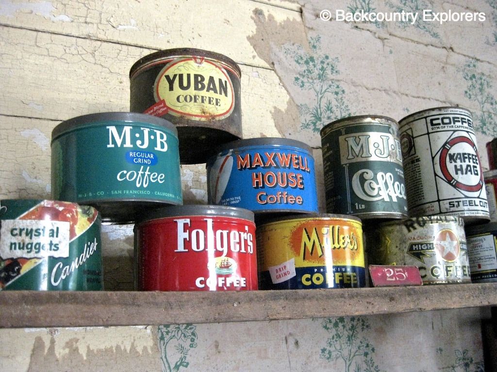 Collection of coffee cans in museum