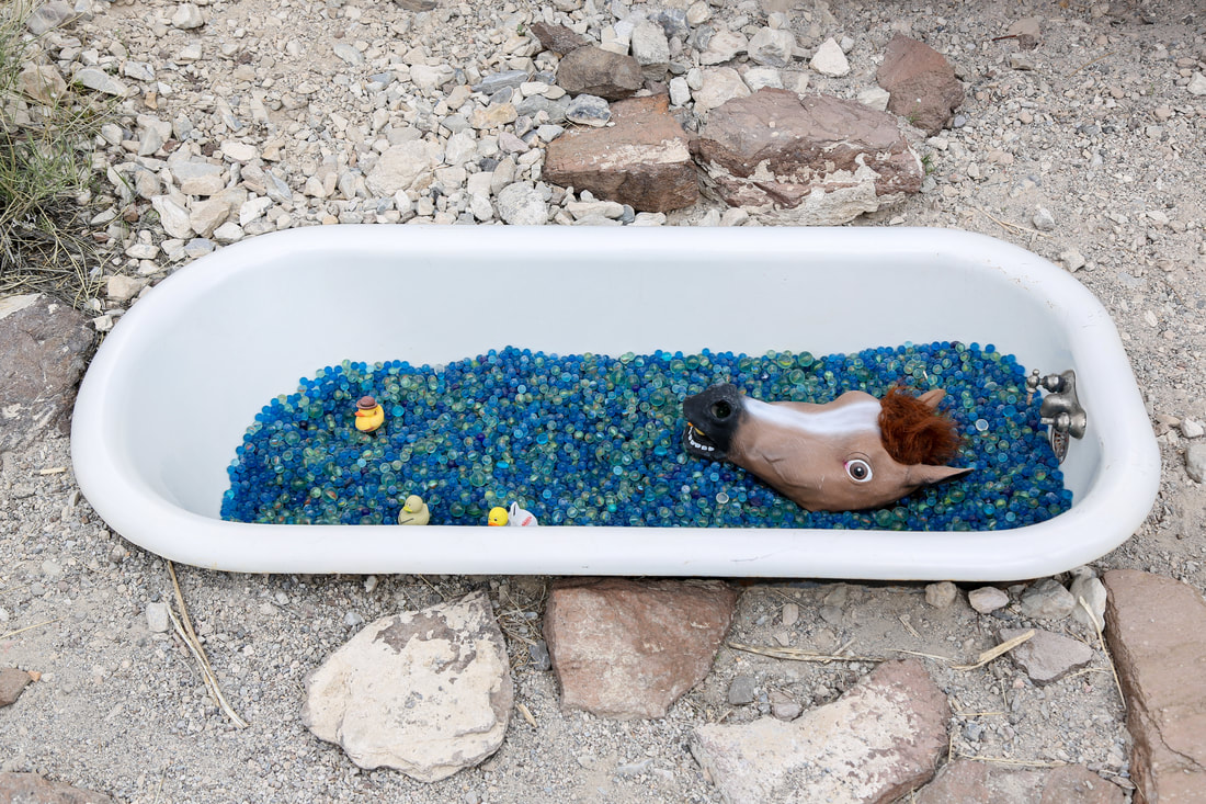 Blue marble bath with horse head