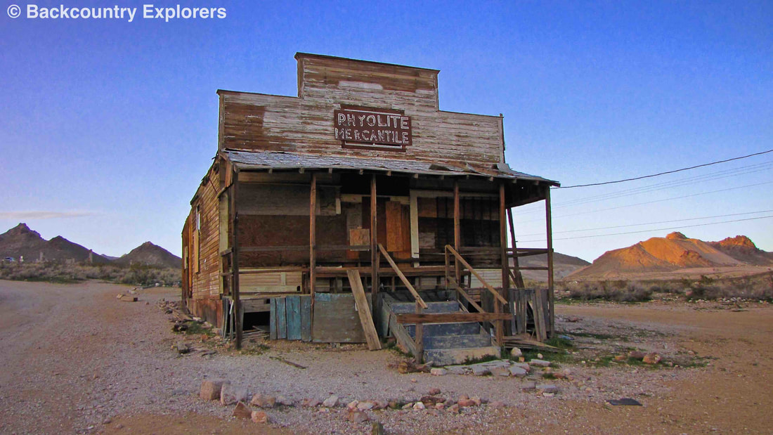 Rhyolite Mercantile, an abandoned general store, shown from the front